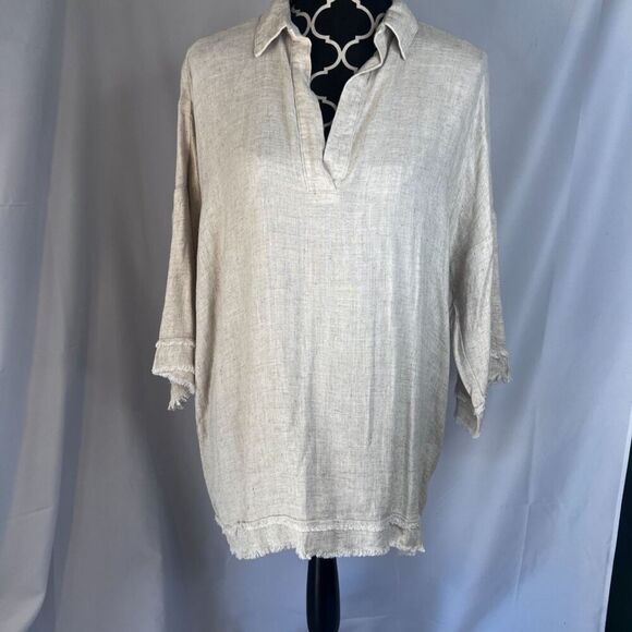 The Porter Collective NWT Vneck Fringe Trim Linen Blend Neutral Top Size Large - Picture 8 of 8